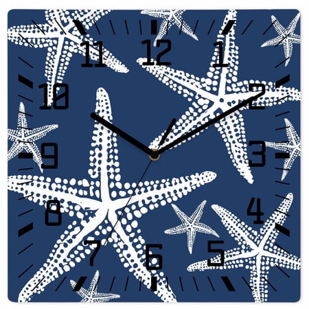 Wall Clock Navy Blue Ocean Starfish Operated Square Clocks Wooden Silent Non-Ticking Wallclock 12 Inch Summer Beach Coastal Wood Wall Clock for Living Room Bedroom Office Shool Home Decor