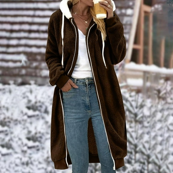 Aboser Women's Fleece Jacket with Hood Full Zip Long Sweatshirt Casual Fuzzy Plush Hoodie Warm Long Sleeve Coat Outwear Winter Coats