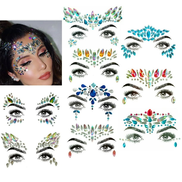 9 Sets Face Jewels Tattoo Stickers , Rhinestone Rave Party Face Gems