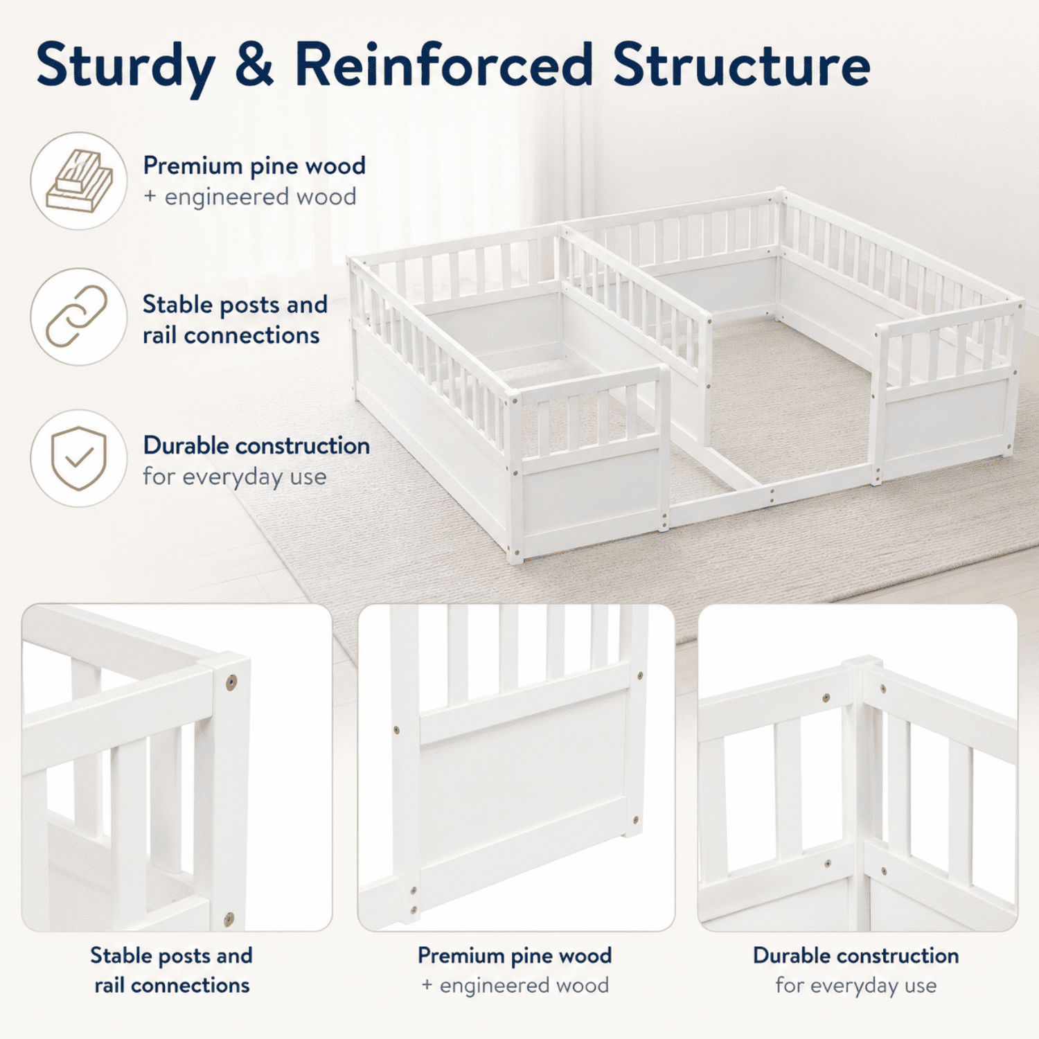 Miniyam Double Twin Size Floor Bed, Wood Kids Bed with Guardrails, White