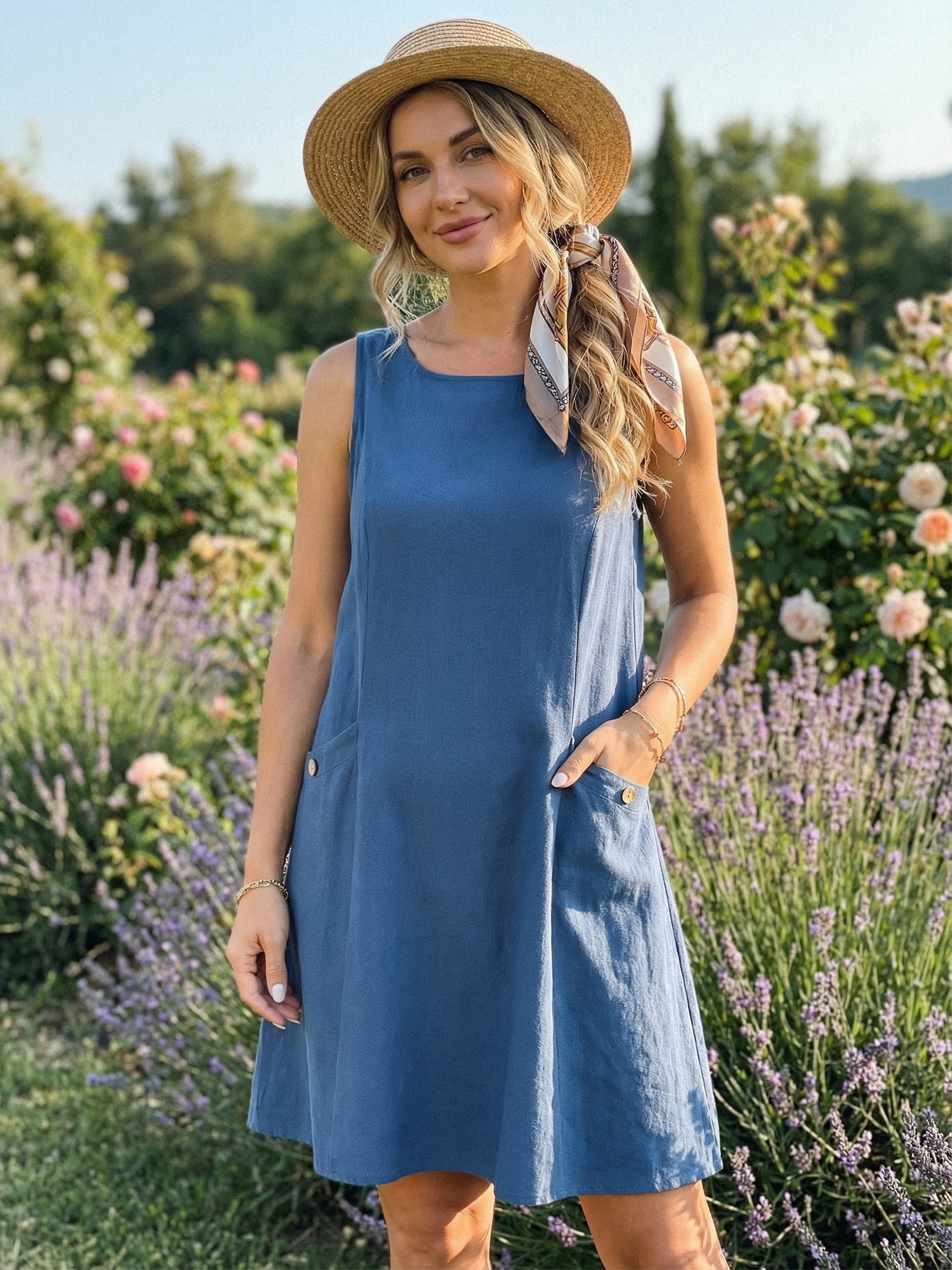DARING DIVA Women's Linen Sleeveless Sundress Casual Loose Flowy Mini Dress L Dark Blue