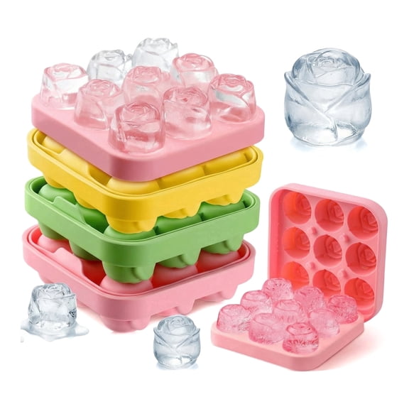 4 Pcs Silicone Rose Ice Cube Mold with Covers Fun Shapes Flower Ice Cube Mold Trays Maker 9 Cavity Easy Release Form for Whiskey Bourbon Cocktails（Black Yellow Green Pink）