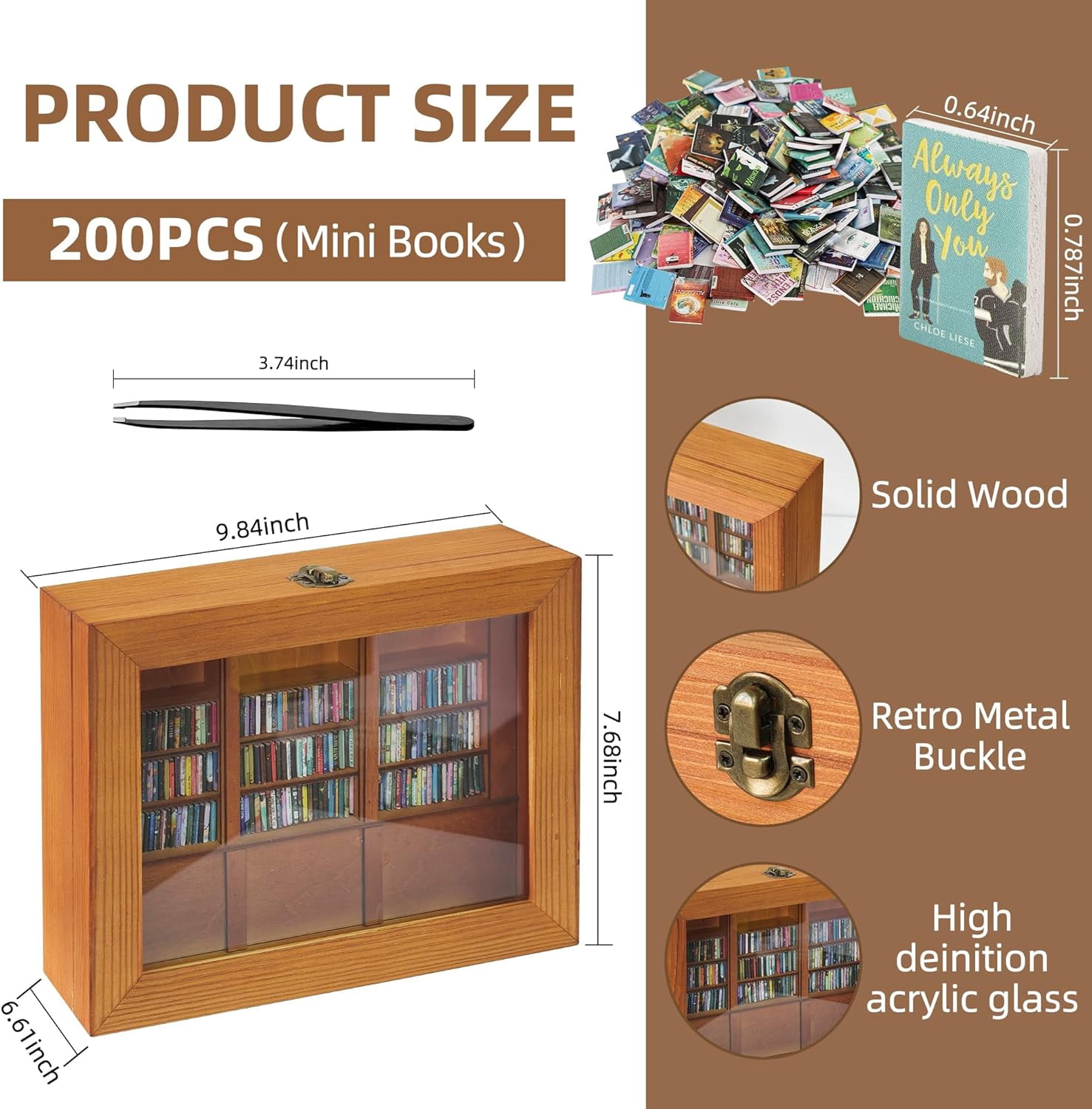 Miniature Wooden Bookshelf with 200 Mini Books - Stress Relief Desktop Decor for Book Lovers, Office & Home Desk Organizer with Tiny Books Collection