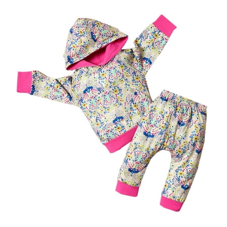 

Lovebay 2pcs Infant Toddler Baby Girl Long Sleeve Sweatshirt Pocket Floral Hoodie Tops Pants Fall Winter Clothes Set 3-18 Months