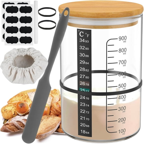 DEBGFS 10Pcs Sourdough Starter Jar Kit 900ml Heat Resistant Sourdough Starter Container with Wooden Lid Spatula Reusable Wide Mouth Glass Sourdough Fermentation Jar for Sourdough Baking