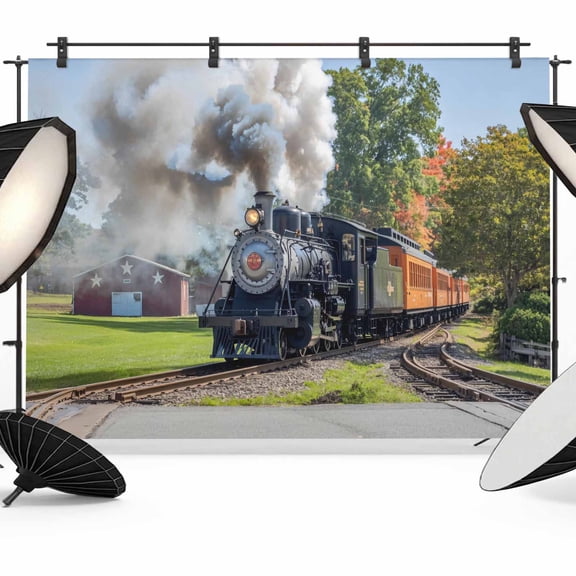 7x5ft Photo Backdrop, Train Railway Soft Polyester Backdrop Curtains Photography Backdrops, Countryside Cabin Trees Farmhouse Rustic Brushed Background for Photoshoots Studio Video Portrait Parties