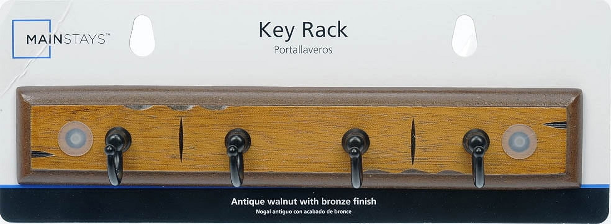 Mainstays Walnut Finish 8.75 inch Key Rail with 4 Satin Nickel Hooks for Keys, Mail, Leashes, 2 lbs Capacity, 1 Pack