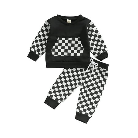 

Beixinder Baby Boys Girls 2PCS Pants Suit Long Sleeve Checkerboard Grid Crew Pullover Tops Long Pants Toddler Spring/Fall Wear Clothes