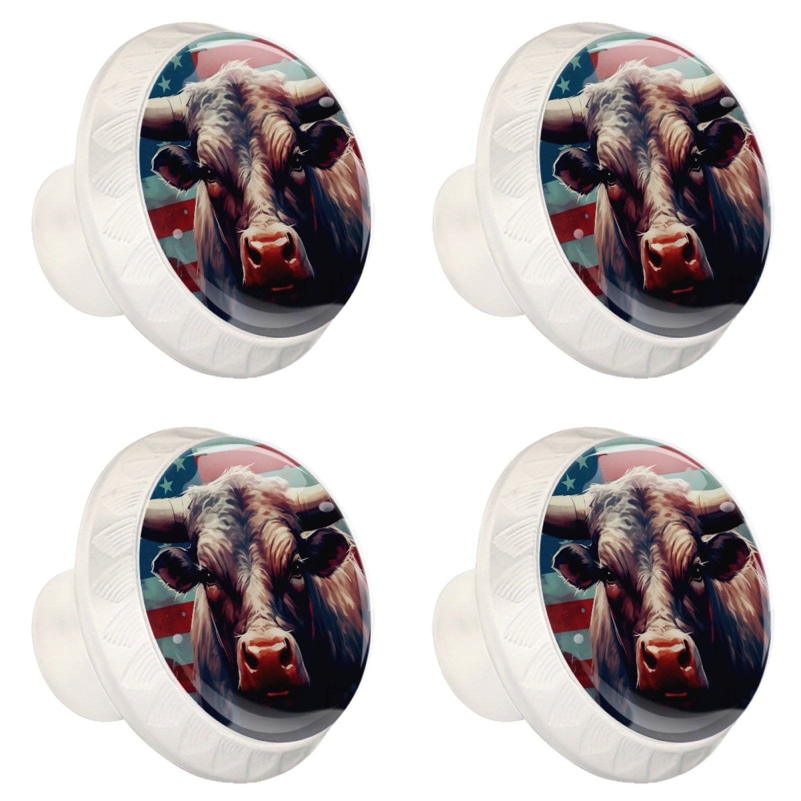 4 Pcs Cow American Flag Knobs for Kitchen Cabinet Cupboard Dresser Bookcase Drawer Pulls Handles Round Home Decor