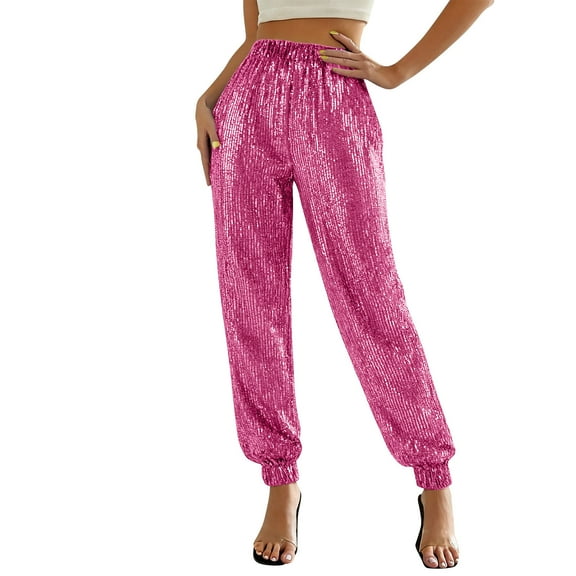 AUNVITO Women's Solid Color Pants with Sparkling Sequins Elastic Waistband Cuffed Ankles Casual and Stylish