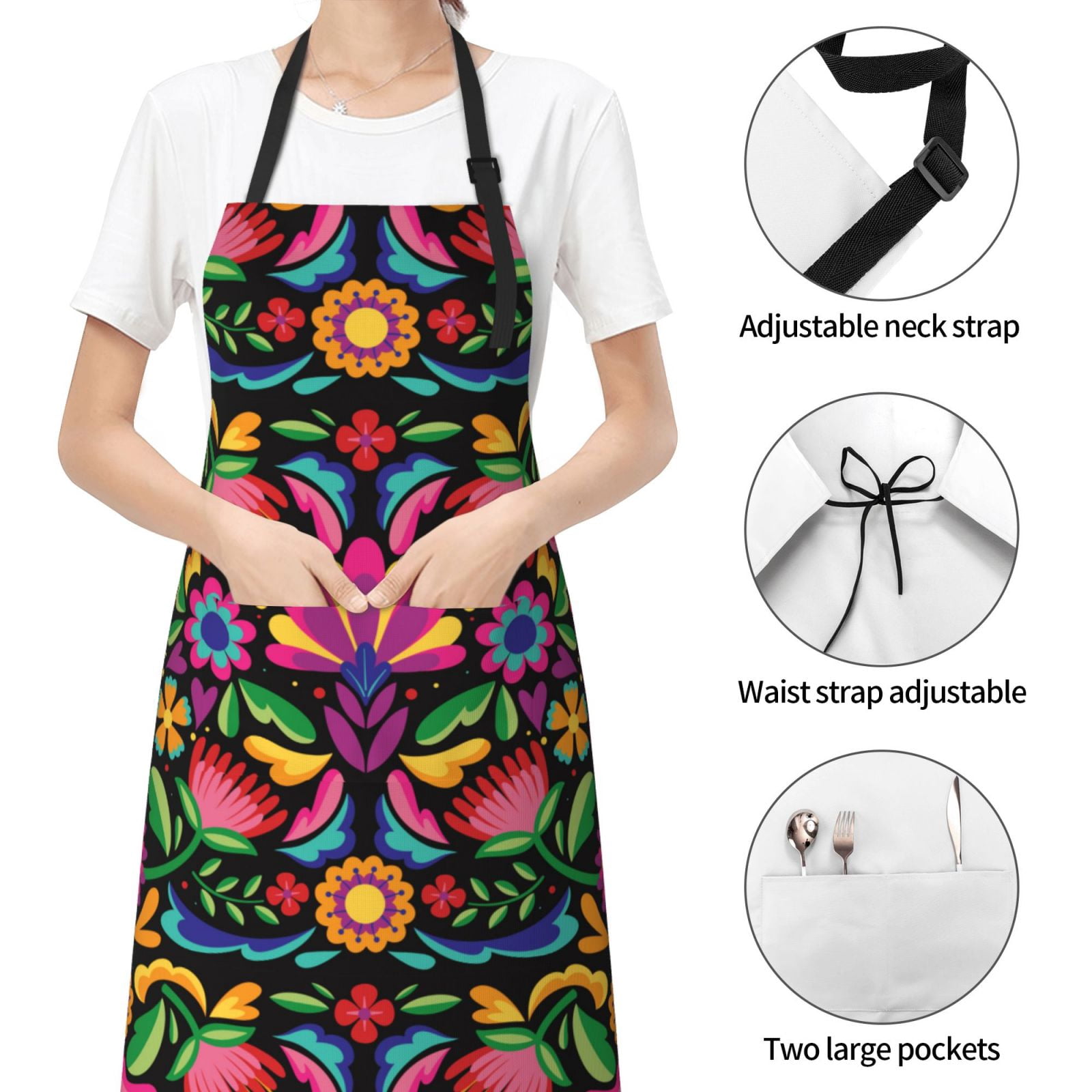 Kdxio Colorful Floral Embroidery Mexican Apron with Pockets Adjustable Kitchen Aprons for Men Women Waterproof Aprons for Cooking,Drawing,Crafting, Baking Household Cleaning