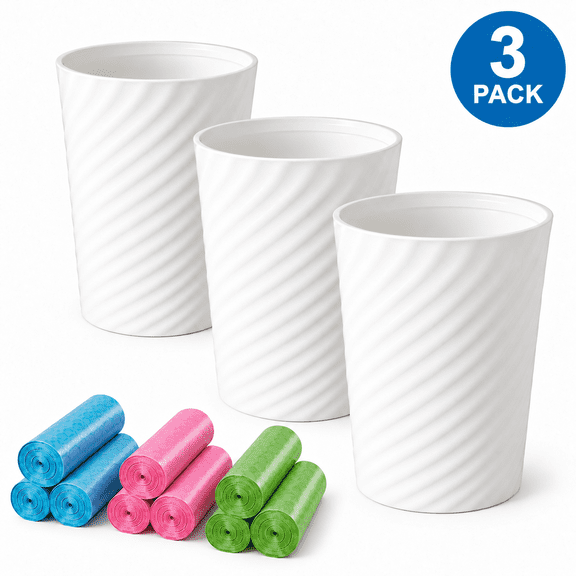 KANFAUQ Bathroom Trash Can 3 Pack, 1.7 Gallon Small Trash Cans with Press Ring, Wastebaskets for Bedroom, Office & Kitchen, Includes 3 Bonus Bag Rolls, White