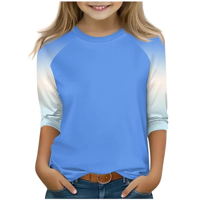 SERTG T-Shirt Mode Enfant Col Rond Manches 3/4 Imprimé Col Rond pour Été et Printemps 4-15 Ans (Bleu Ciel3,13 Ans)