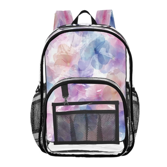 Clear PVC Backpack 12L Transparent Shoulder Bag with Mesh Pockets Translucent Bloom Print