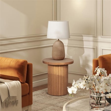 Pemberly Row 19.5" Fluted Pillar Round Accent Side Table in Light Brown