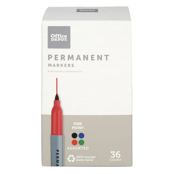 Office Depot® Brand Permanent Markers, Fine Point, 100% Recycled, Assorted Ink Colors, Pack Of 36