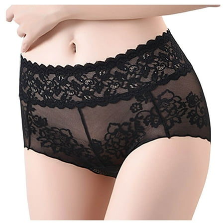 Fancifize Mid Waist Lace Underwear for Women Seamless Mesh Sexy Panties Ladies Stretch Full Coverage Briefs 2-Pack L Black