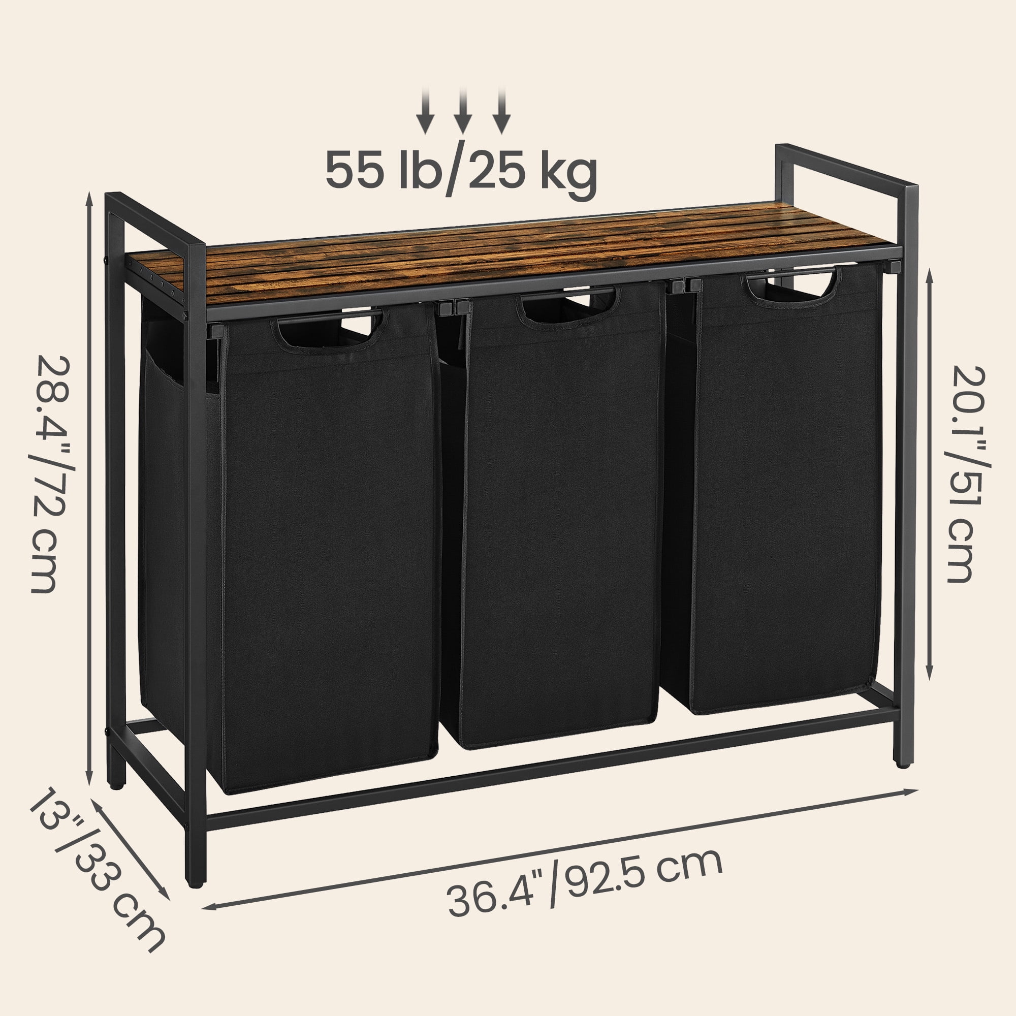 Ledrem 3-Compartment Laundry Sorter with Removable Bags for Home Organization, Ink Black/Rustic Brown
