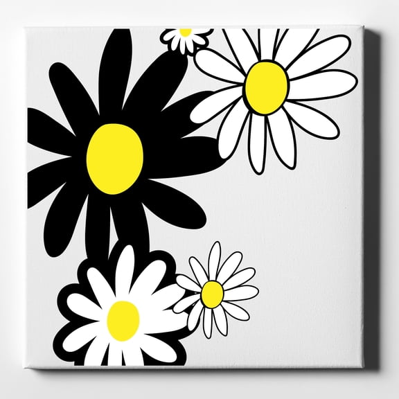 DistinctInk 10X10 Canvas Wall Art - Black & Yellow Modern Daisies - 5/8 inch Gallery Wrapped, White Edge