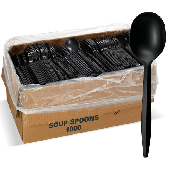 1,000 Plastic Disposable Soup OKA4 Spoons Bulk Black Medium Weight Disposable Silverware Plastic Cutlery Spoons