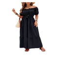 thumbnail image 2 of LYMAYTER Off-Shoulder Short Sleeve Dress for Women's Casual Solid Color Ruffle Beach Maxi Dresses S-XL, 2 of 10