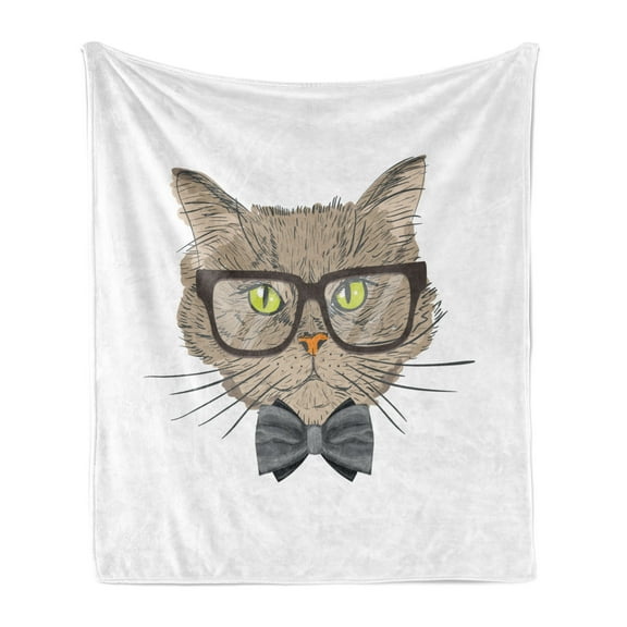 Geek Soft Flannel Fleece Blanket, Portrait Drawing of a Cat with Bowtie and Glassess with Urban Style Hipster Look Theme, Cozy Plush for Indoor and Outdoor Use, 70" x 90", Multicolor, by Ambesonne