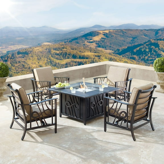 Outdoor Living and Style 5-Piece Brown and Black Fire Table with Deep Seating Rocking Chairs 42"