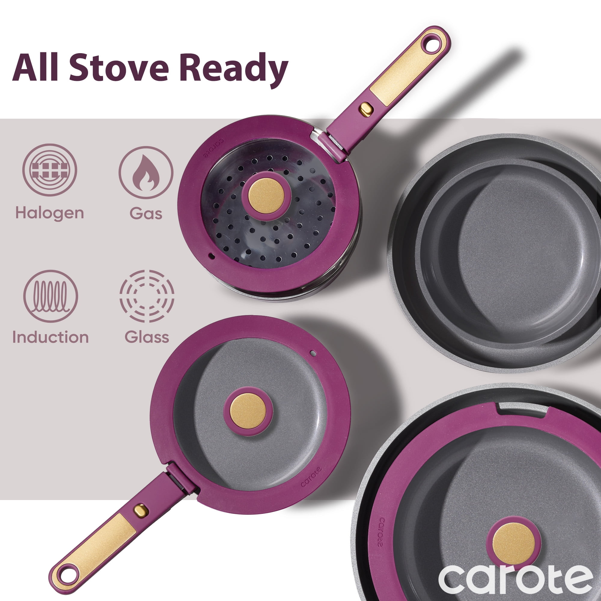 Carote 21-Piece Nonstick Pots and Pans Set, Kitchen Cookware Set with Detachable Handle, Induction Compatible, Purple