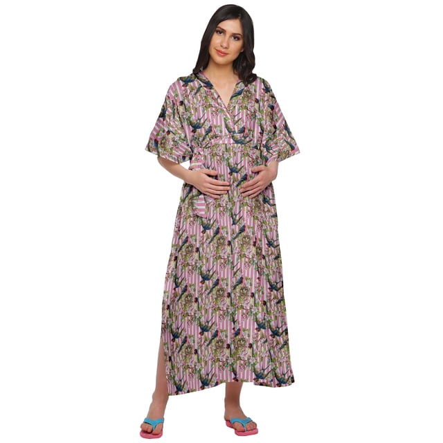 Moomaya Robe Kaftan d'Été pour Femmes en Coton à Boutons, Manches Kimono, Maternité