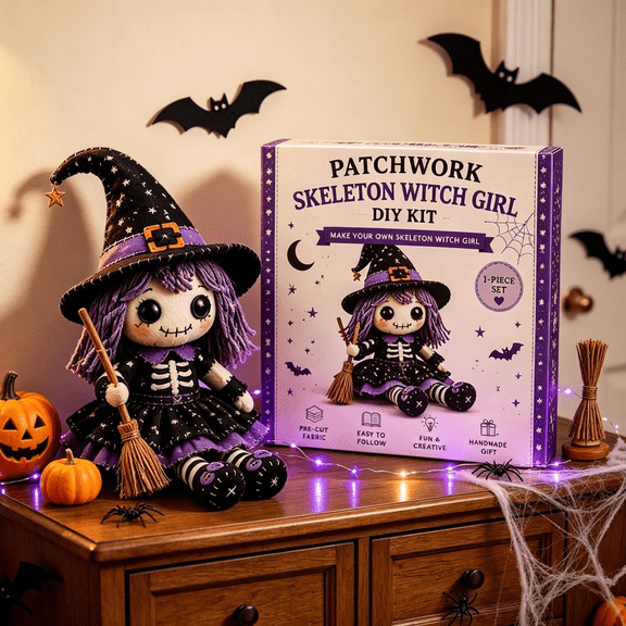 Patchwork Doll DIY Kit, Halloween DIY Patchwork Skeleton Set, Halloween Sewing Craft Kit with Skull Design, Little Ghost's Cozy Halloweens DIY Patchwork Kit (Skeleton Witch Girl)