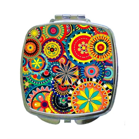 Combat Design - Floral Circle Stars Colorful Pattern Print Design - Square Shaped Compact Travel Pocket Size Beauty Mirror
