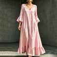 thumbnail image 2 of Women's V Neck Flowy Midi Dress, 3/4 Bell Sleeve Ruffle Hem Loose Casual Dress with Side Pockets, Boho Vacation Dress for Beach Daily Outfits Pink XL(XL), 2 of 9