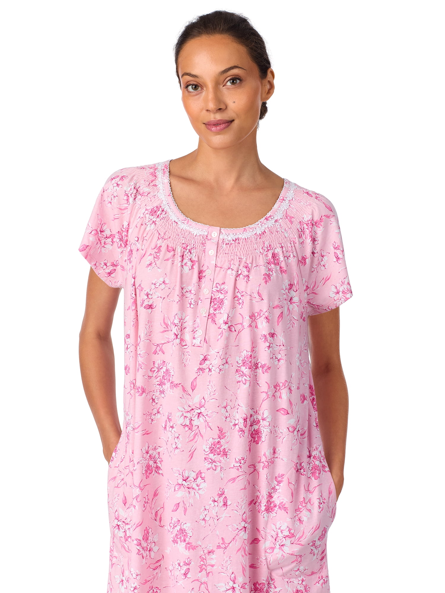 Aria Women's 100% Cotton Raglan Sleeve Smocked Neck 40" Sleepwear Gown, Sizes XS-5X
