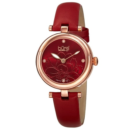 - Women's Quartz Diamond Markers Etched Flower Dial Leather Red Strap Watch