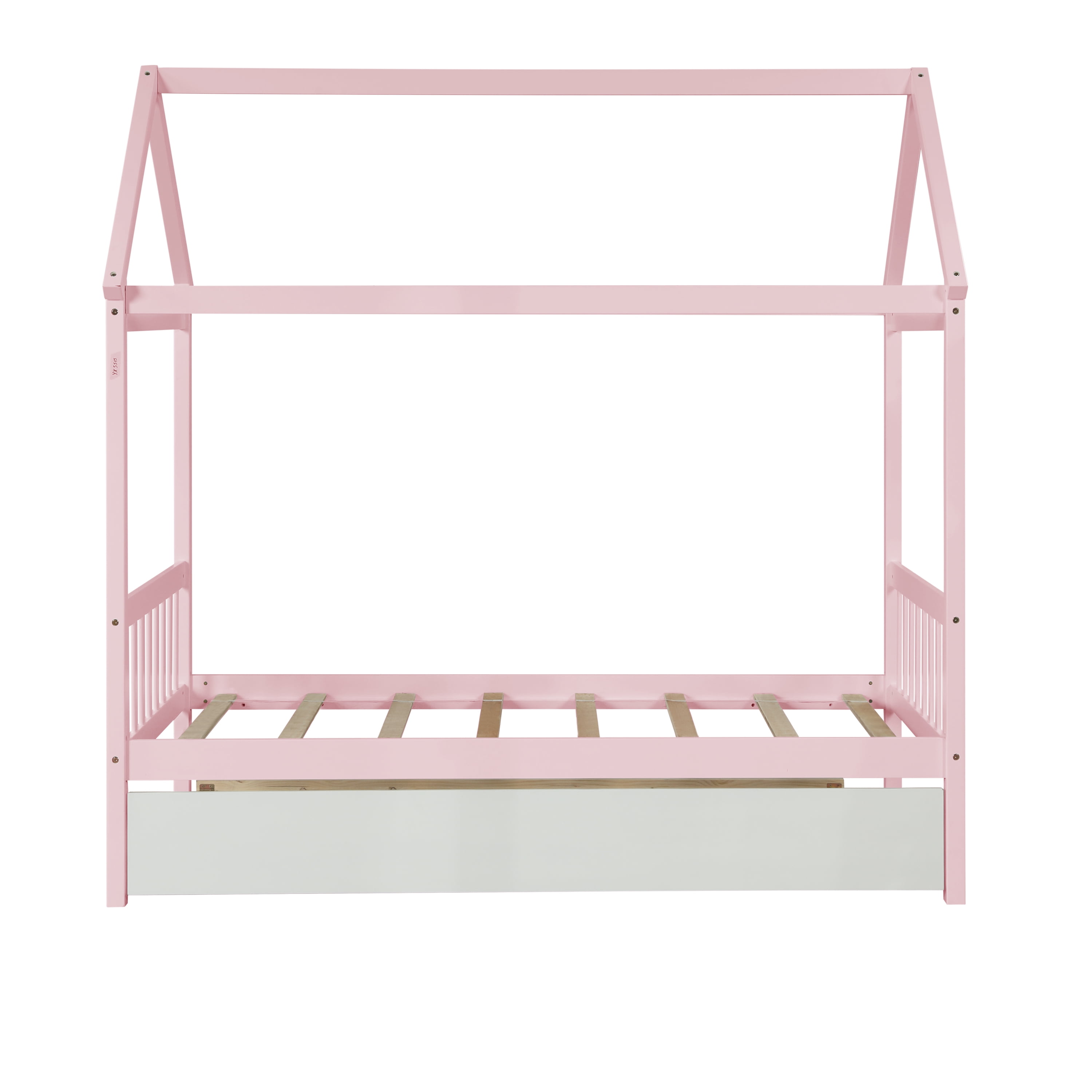 EUROCO Pine Wood House Bed with Trundle for Kids Bedroom, Pink