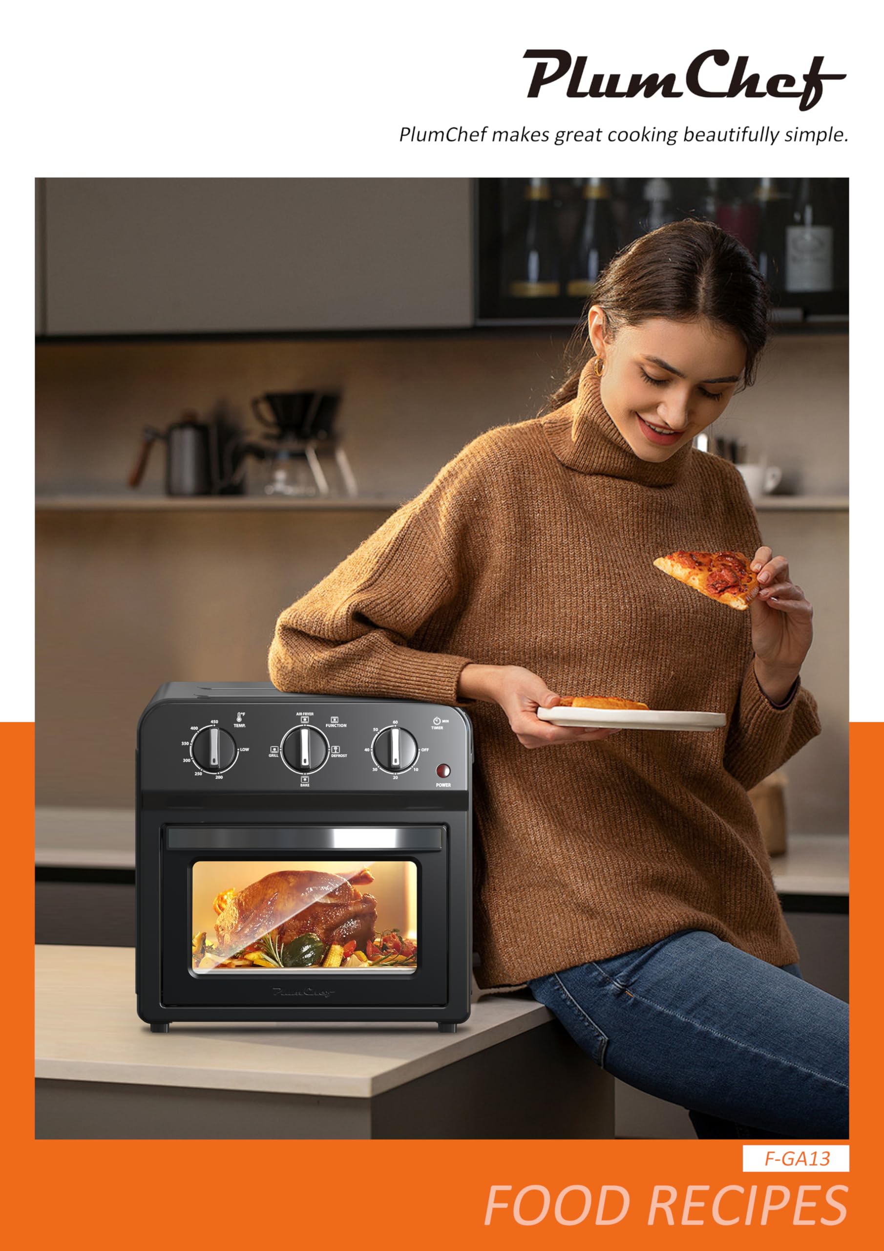 PlumChef 13 Quart 4 Slices Air Fryer Convection Toaster Oven, 1500W, Multifunction Oven forAir Fryer, Gril, Defrost, Bake, Time and Temperature Controls,Black