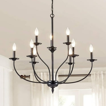 Maxax 9 Lights Candle Chandelier，Farmhouse Pendant Light，Industrial Metal Candelabra Ceiling Light for Living Room ，Foyer，Kitchen Island，Dining Room，Black