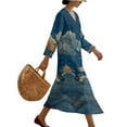 thumbnail image 3 of COEQINE Smock Dress for Women 3/4 Sleeve Calf Length Midi Modest Dress, Comfortable Polyester Linen Boho Beach Cover Up for Wedding Party Wear, Size S, Crane Bird Cloud Dark Blue, 3 of 6