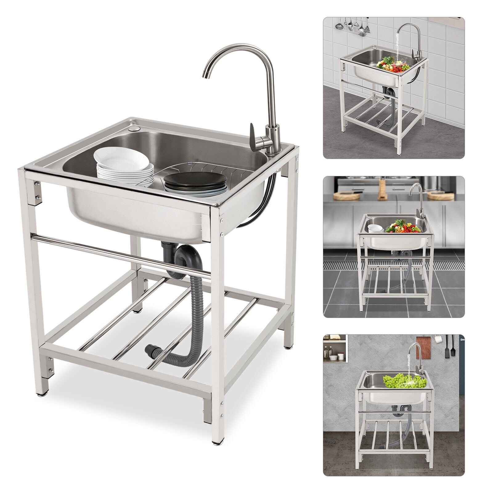 Miumaeov Commercial Single Bowl Kitchen Utility Sink Freestanding Stainless Steel Hand Wash Basin with Stand & Faucet