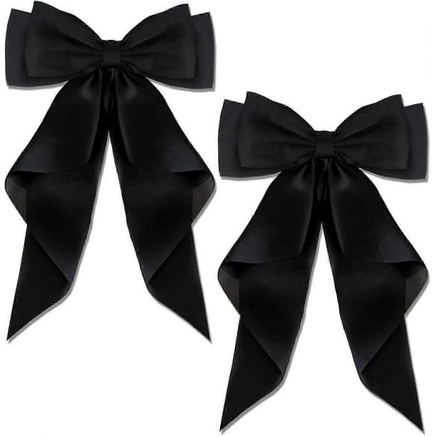 2 PCS BLACK Big Bow Hair Clips with Long Silky Satin, Solid Color French Barrette Simple Hair Fastener Accessories for Women Girls