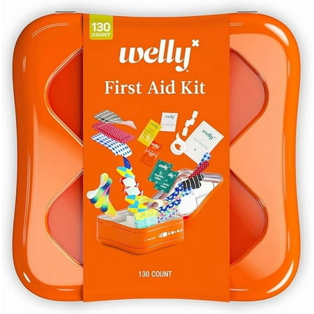 Welly First Aid Kit - Adhesive Flexible Fabric and Waterproof Bandages Tape and Non-Stick Pads Butterfly Strips Single Use Ointments Triple Antibiotic and Hydrocortisone and Ibuprofen - 130 Count