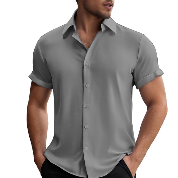 MIXUE Mens Casual Button Down Shirts Summer Solid Color Lapel Short Sleeve Plus Size Fashion Tops Daily-Wear,Gray,M