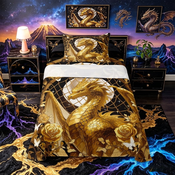 Metsweet Golden Dragon Twin Sheets 3pcs, Gothic Rose Moon Bedding, Black Gold White,1 Fitted Sheet, 1 Flat Sheet and 1 Pillowcase