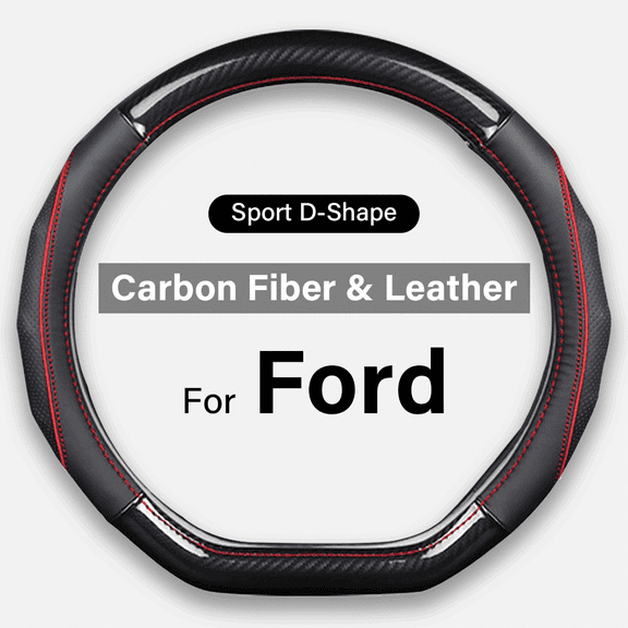Flat Bottom Steering Wheel Cover for Ford Mustang/Escape/Puma, Black Red Carbon Fiber & Leather Sport D-Shape Steering Wheel Cover - Breathable & Non-Slip, Comfort Grip