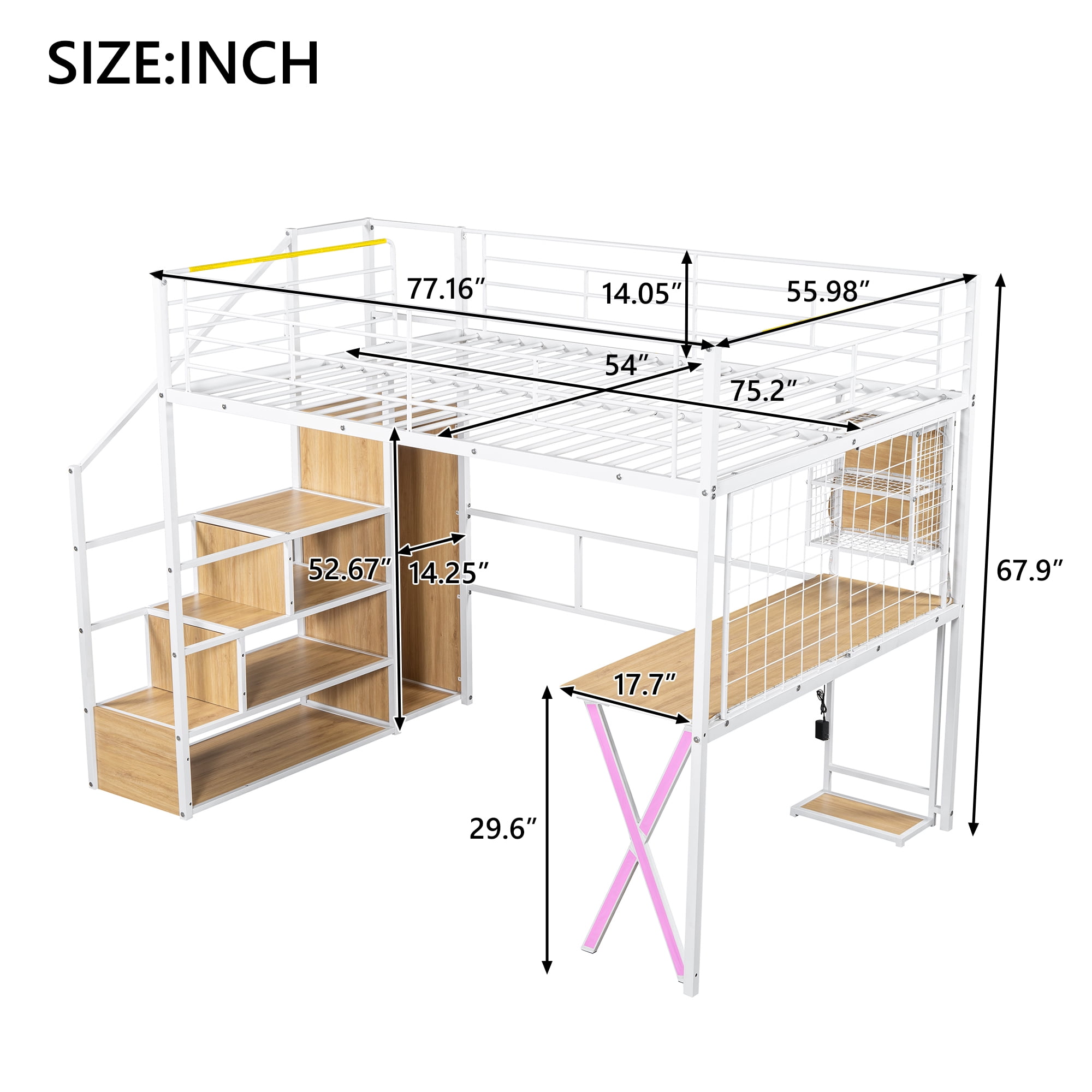 MAYEERTY Full Size White Metal Loft Bed - Built-in Work Station, Wardrobe, Storage Staircase & LED