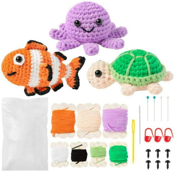 Beginner Crochet Kit,Cute Crochet Fish Turtle Octopus Starter Pack DIY Craft Complete Material for Knitting Enthusiast
