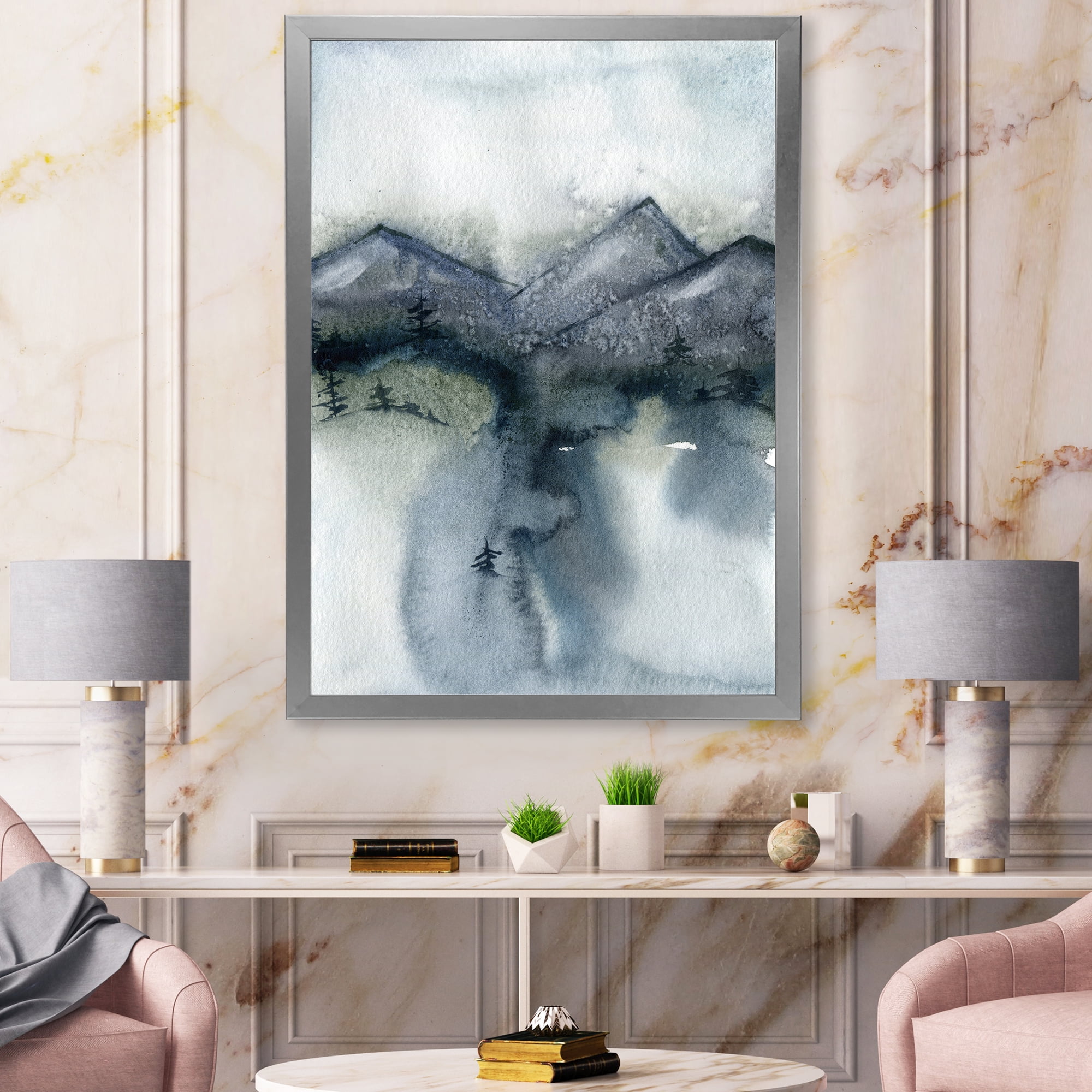 Designart 'Minimalistic Landscape of Mountains Snow and Trees' Modern Framed Art Print