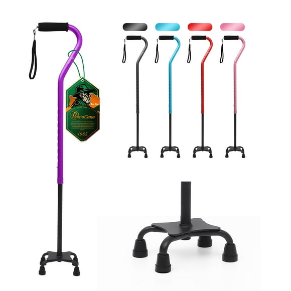 Bastón BeneCane Quad Cane ajustable con mango acolchado suave y desplazado para hombres y mujeres. Ligero y cómodo con patas de 4 puntas para mayor estabilidad (morado).