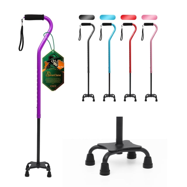 Bastón BeneCane Quad Cane ajustable con mango acolchado suave y desplazado para hombres y mujeres. Ligero y cómodo con patas de 4 puntas para mayor estabilidad (morado).