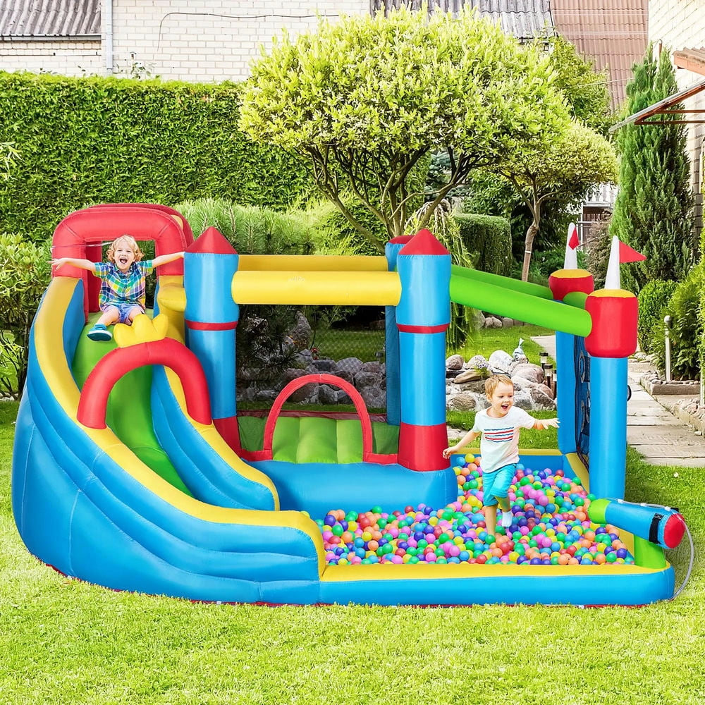 Topcobe 6-in-1 Inflatable Bounce House with Slide, Climbing Wall, Water Cannon, Inflatable Water Slide for Kids with 2 Min. Inflation without Inflator, Kids Bounce House for Kids Backyard Activity